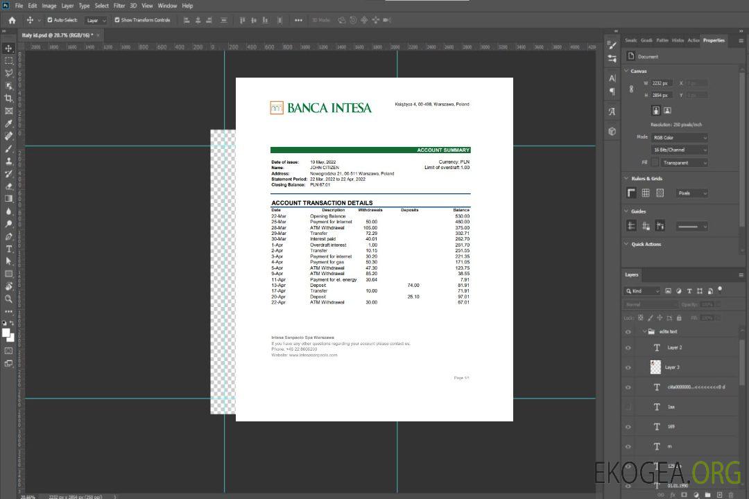 Relevé bancaire de la Banca Intesa en Pologne template